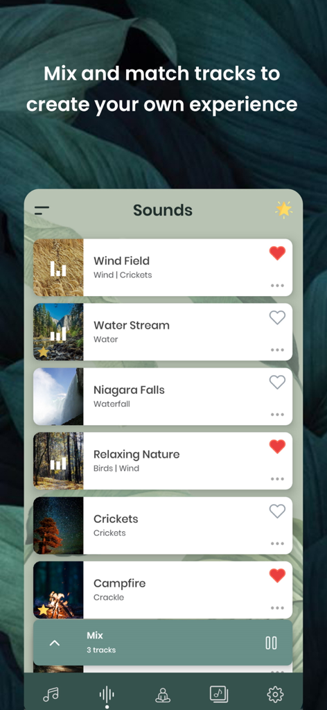Meditation Music: Sleep Sounds - Interface of Meditation Music app showing a list of nature sounds like wind, water and campfire for mixing tracks.