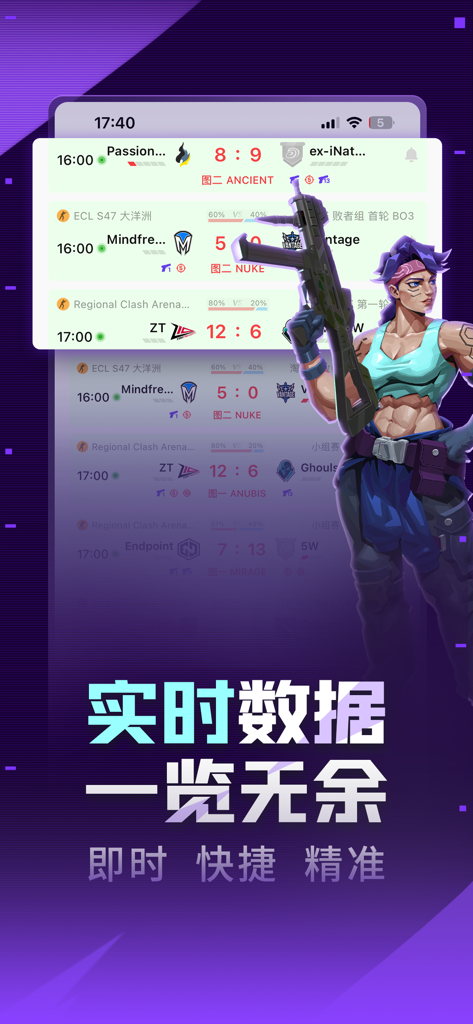 Echtzeit-E-Sport-Spielergebnisse und Turnierdaten-Dashboard in der 5EPlay-App.