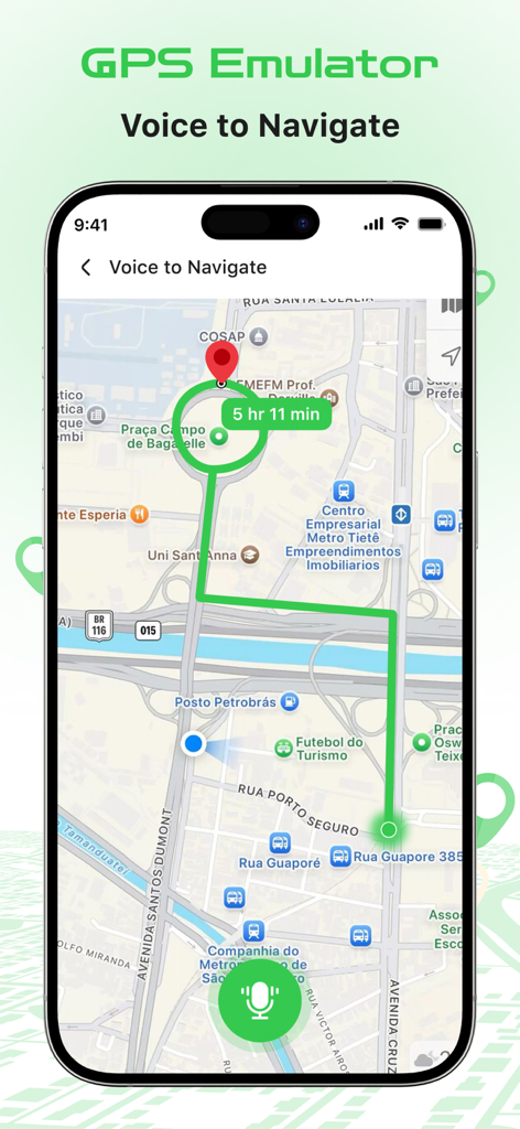 Pantalla de iPhone que muestra la función de navegación por voz de la aplicación GPS Emulator con una ruta mapeada y tiempo de viaje