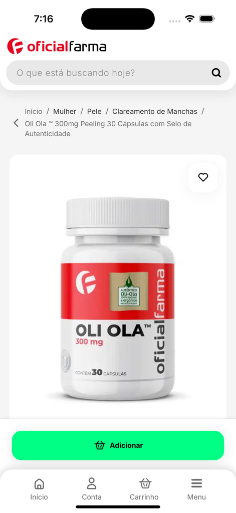 OficialFarma - Página de produto do aplicativo móvel OficialFarma para cápsulas de Oli Ola 300mg para descamação da pele.