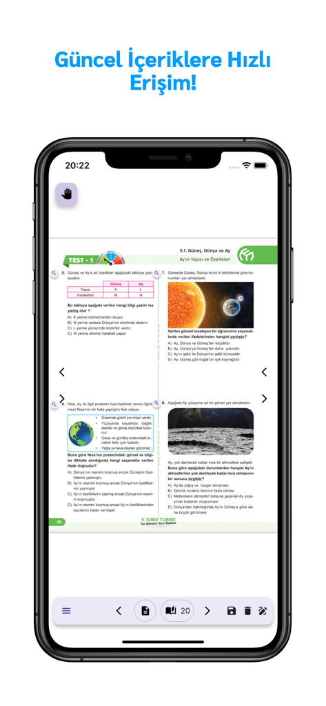 Página de un libro de texto de ciencias turco mostrada en la interfaz de un teléfono móvil