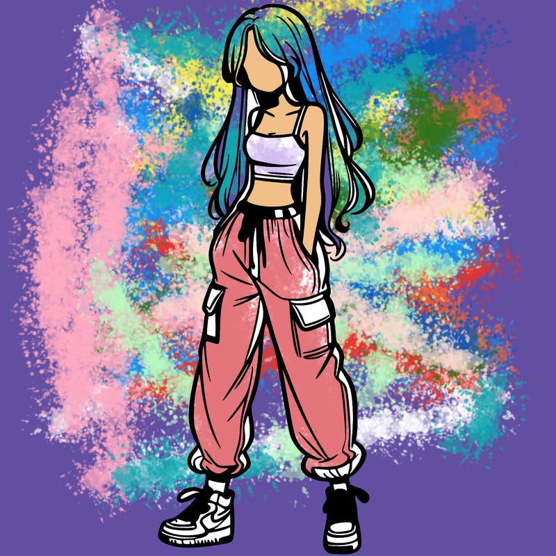 girl in baggy pants crop top and long hair