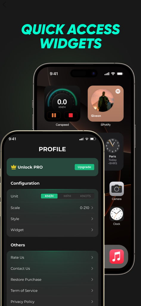 Speedometer Pro: GPS Tracker - Tela do aplicativo Speedometer Pro mostrando widgets da tela inicial do iOS e opções de configuração de perfil