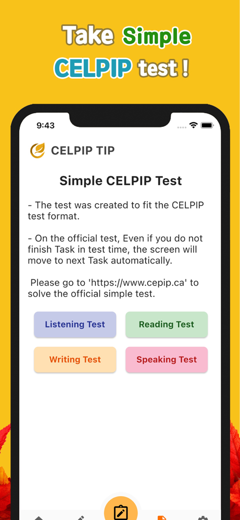 CELPIP-TIP - Interface de l'application CELPIP-TIP montrant les boutons de sélection pour les tests d'entraînement de compréhension orale, de lecture, d'écriture et d'expression orale