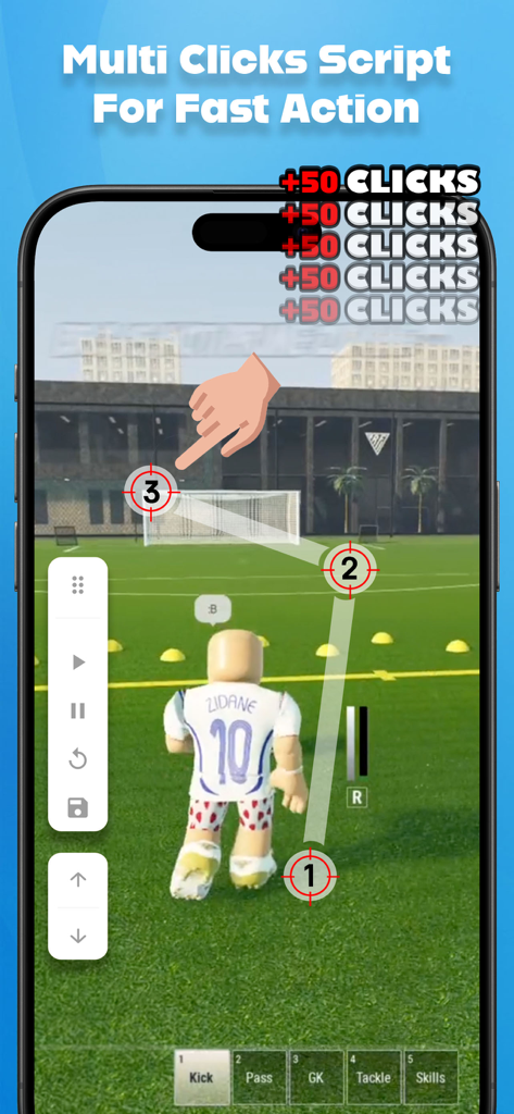 Auto Clicker app interface showing a multi-click script sequence for game automation
