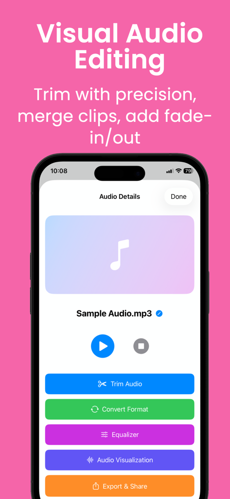MP3 Converter-Ringtone Maker - Visual audio editing interface of the MP3 Converter app showing options to trim audio and convert formats.