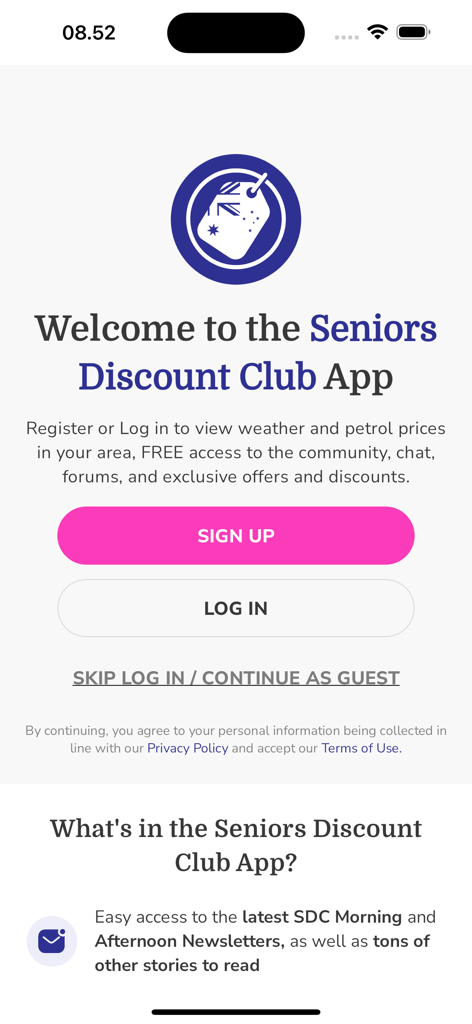 Seniors Discount Club - Welcome screen of the Seniors Discount Club app with sign up and login options