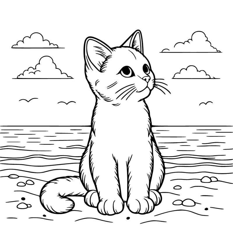 a realistic cat at the beach looking into the empty sky