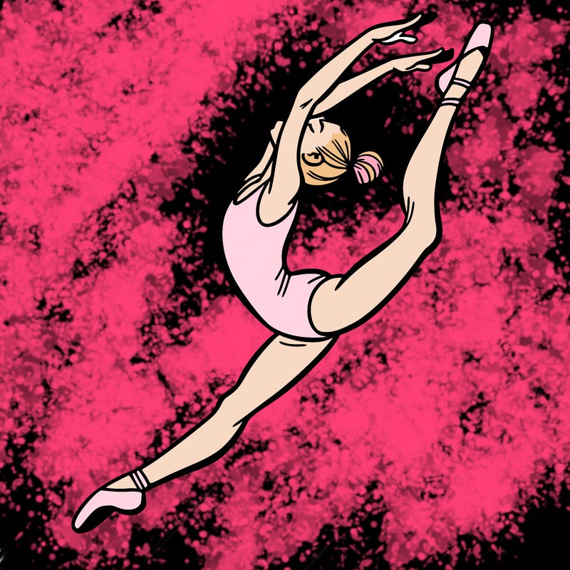 gymnast doing a leap in a leotard with a bent back leg