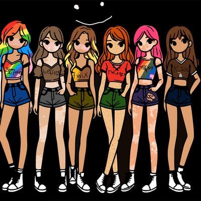 a group of girls wearing crop tops and shorts
