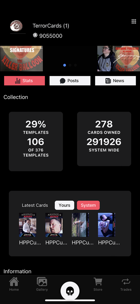 Terror Cards app collection stats dashboard showing digital horror card progress and ownership