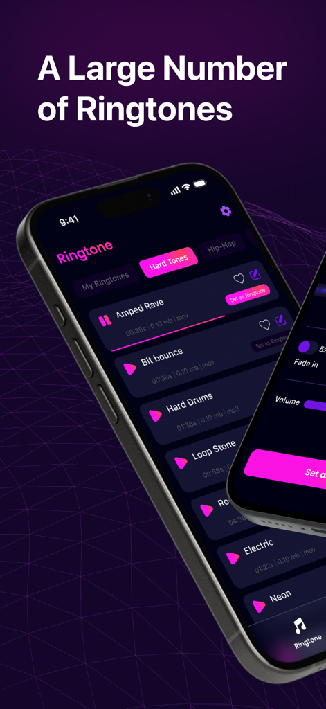 Interfaz de la aplicación Melody Ringtones mostrando una biblioteca de opciones de sonido personalizadas como Amped Rave y Bit Bounce para la personalización de iPhone.