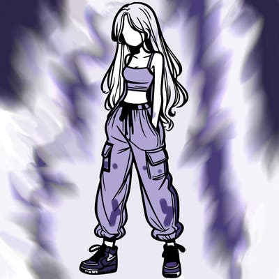 girl in baggy pants crop top and long hair