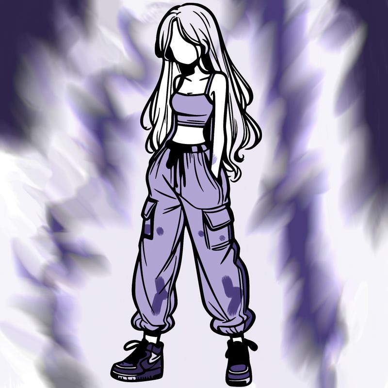 girl in baggy pants crop top and long hair