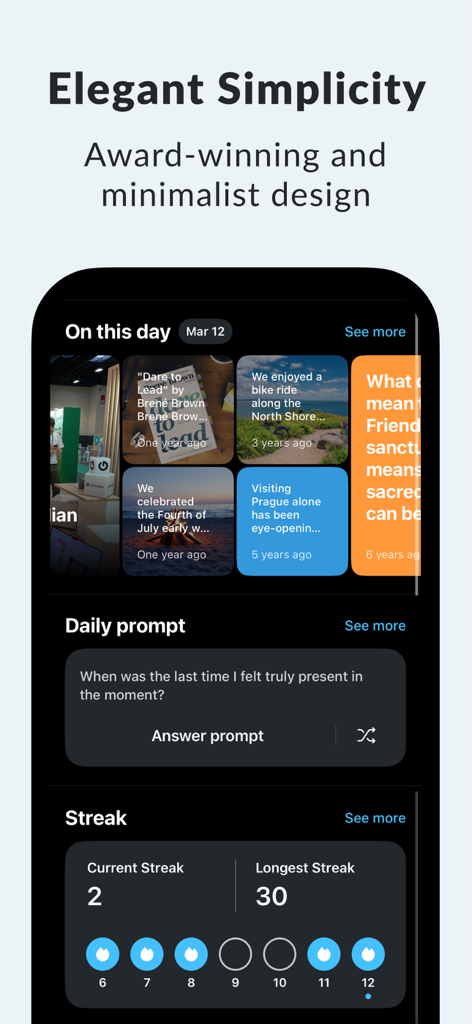 思い出のハイライトと毎日のプロンプトを表示したDay Oneジャーナルアプリのインターフェース