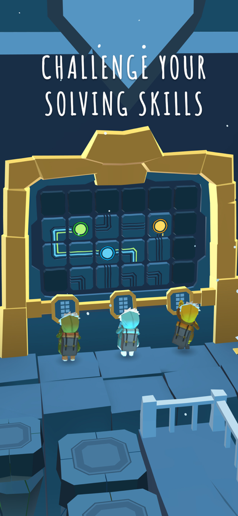 Three characters facing a logic puzzle on a stone wall in a snowy mountain setting