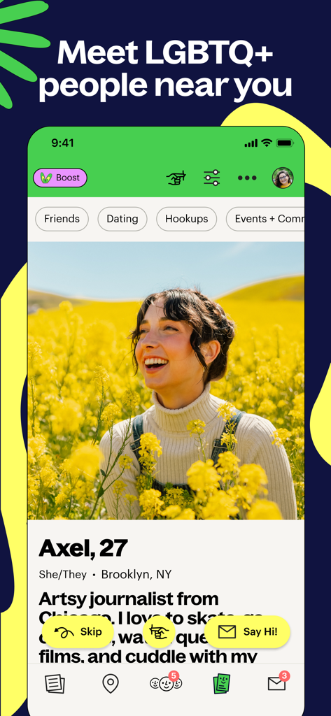 Lex: Queer Social LGBT Friends - User profile of Axel on the Lex app showing a photo in a flower field and community tags for friends and dating