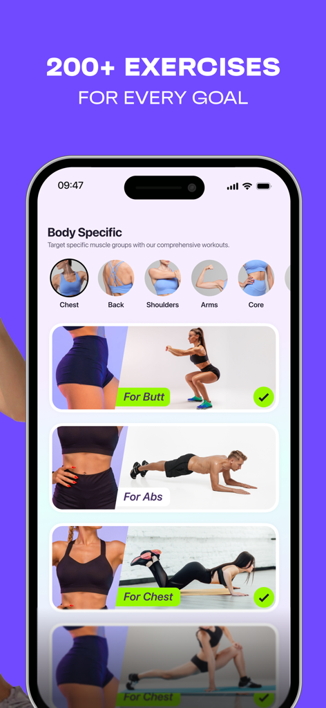 Smartphone screen showing the FitEase app with body specific exercise categories for butt abs and chest