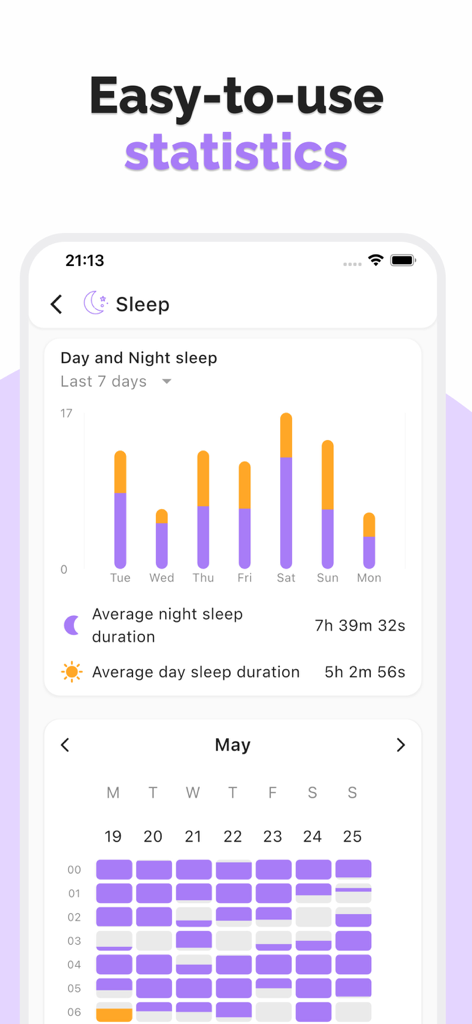 My Tiny: Baby Tracker, Sleep - Interfaz de la aplicación My Tiny que muestra estadísticas y gráficos de sueño del bebé fáciles de usar