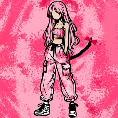 girl in baggy pants crop top and long hair
