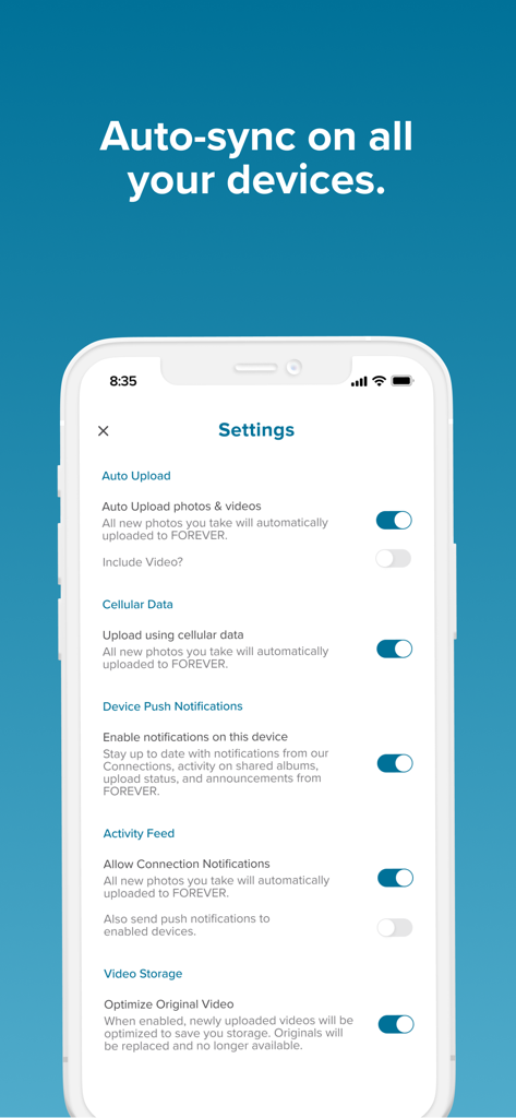 FOREVER® - 자동 동기화 및 사진 업로드 옵션을 보여주는 FOREVER 앱 설정 메뉴.