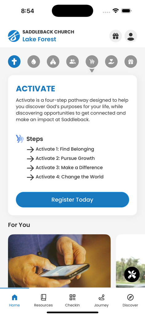 Saddleback App - Saddleback Church app home screen featuring the Activate spiritual growth pathway steps