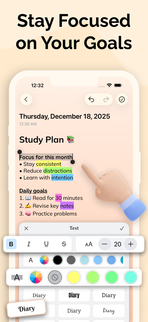 My Diary - Journal & Notes - My Diaryアプリのスクリーンショット。カラフルなテキストハイライトとフォーマットオプション付きの学習計画を表示しています。