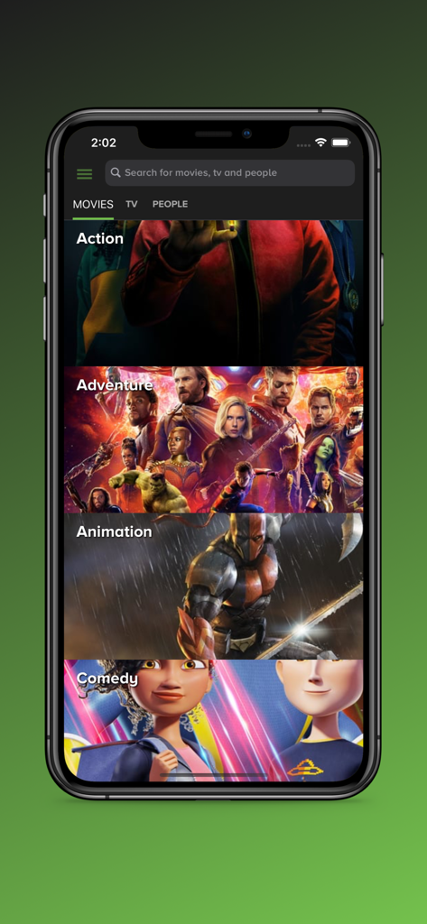 123Play Pro mobile app interface displaying movie genre categories like action and adventure