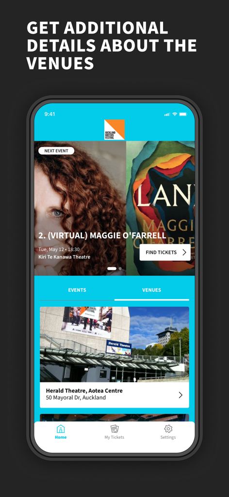 Auckland Writers Festival - Auckland Writers Festival app screen showing venue locations and upcoming event ticket discovery