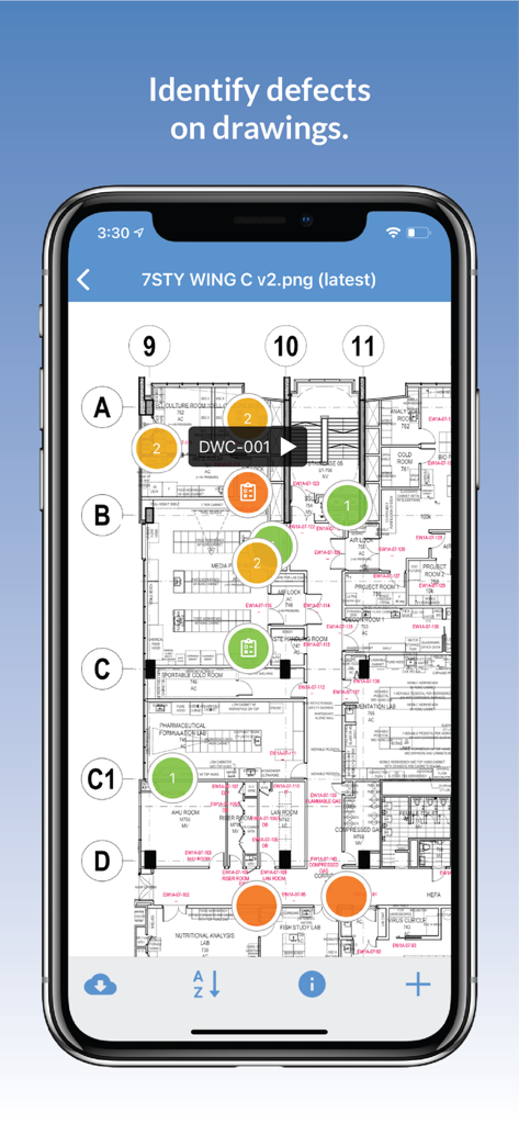 Novade Enterprise - A construction floor plan on a mobile screen with colored pins identifying defects in the Novade Enterprise app