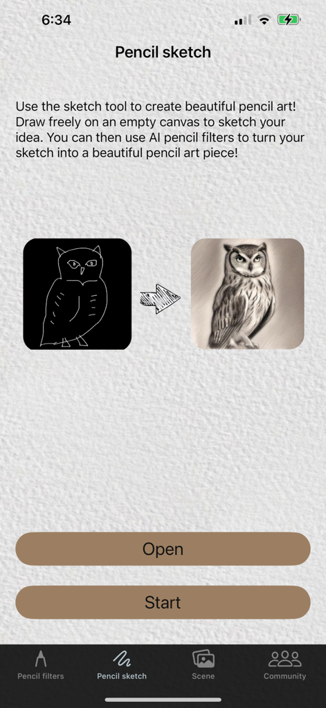 An owl sketch being transformed into a realistic pencil drawing using AI