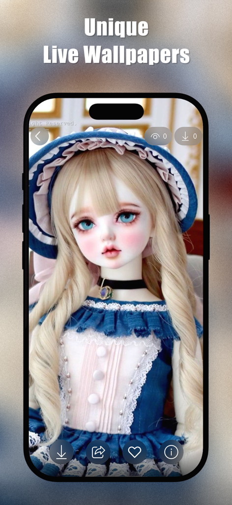 Cute Doll Wallpapers 4K | HD - Mobile app interface displaying a unique live wallpaper of a cute blonde doll with blue eyes