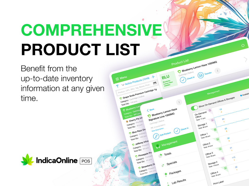 Interface of IndicaOnline POS showing product list and inventory management features