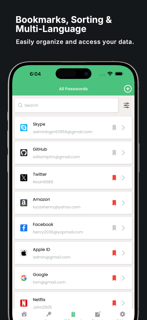 Interface of KeePass password manager showing a list of saved accounts with bookmarks on an iPhone