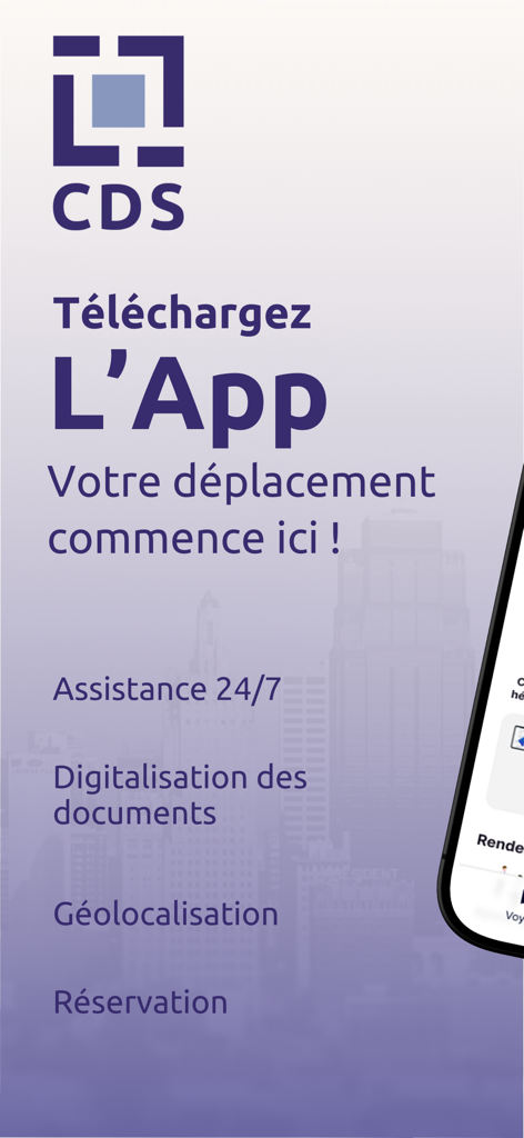 Welcome screen for the CDS corporate travel app showing key features like booking and 24/7 assistance.