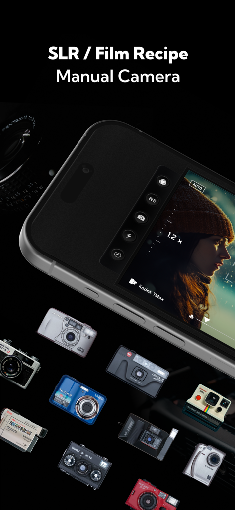FILCA app interface with manual SLR controls surrounded by vintage film cameras