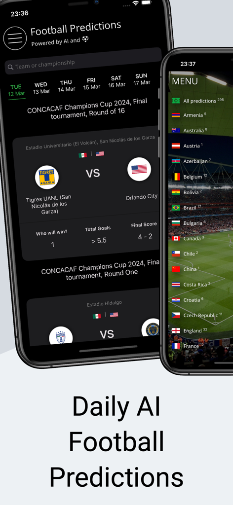 1X2.TV:AI Football Predictions - Interface of 1X2.TV app displaying AI soccer predictions and match analysis