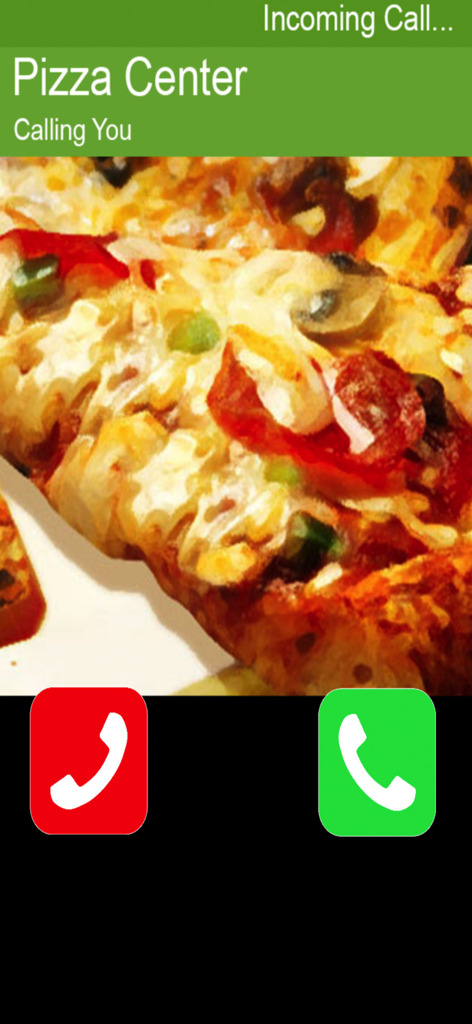 A screenshot of the Call Pizza app showing an incoming fake call from Pizza Center with a pizza background and call buttons.