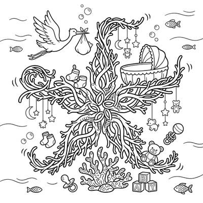 Celebrate new beginnings with this enchanting basket star baby shower coloring page. Immerse yourself in a whimsical underwater world filled with adorable nursery items and marine life, ready for your creative touch.