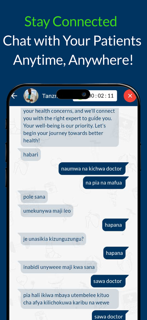 Smartphone screen displaying the TanzMED Business secure chat interface for communication between doctors and patients.
