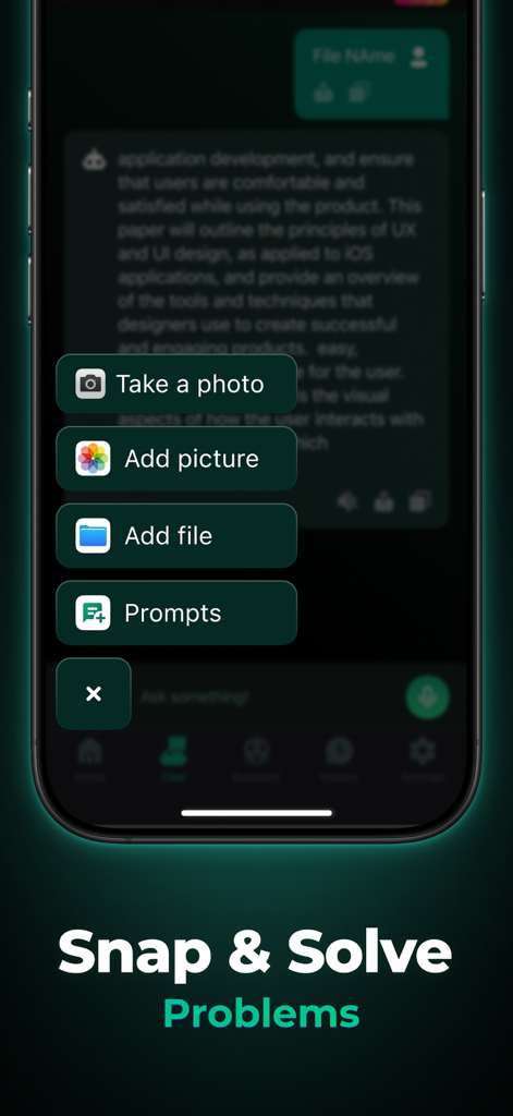 ChatPod - AI Chatbot Assistant - ChatPod AI app interface showing options to upload photos and files for problem solving