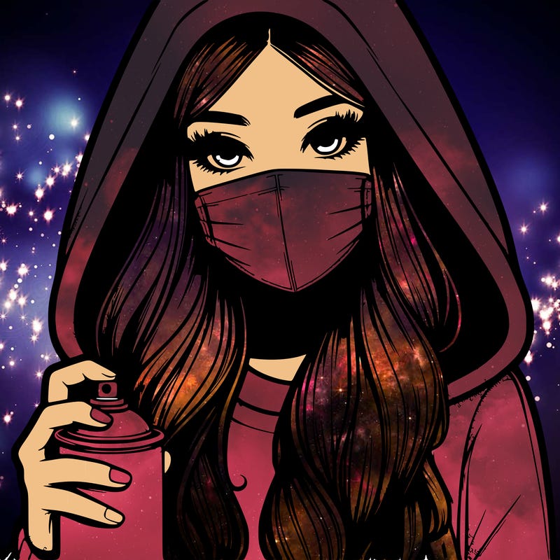 girl wearing a mask with long hair with her hood up spray-painting realistic