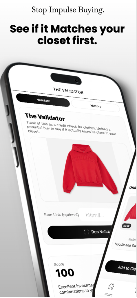 StylVerse - AI Outfit Planner - Interfaz del Validador de IA de StylVerse mostrando una puntuación de compatibilidad de 100 para una sudadera roja contra un armario digital existente