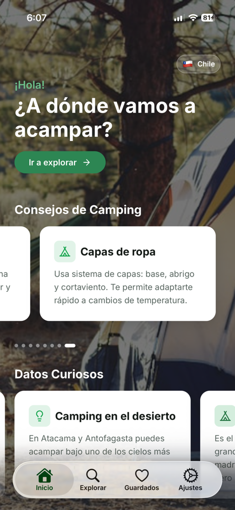 Startbildschirm der Camping Chile Mobil-App mit Camping-Tipps und Suchoptionen