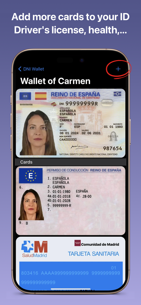 A mobile phone screen showing various digital identification cards stored in the DNI Wallet plus app