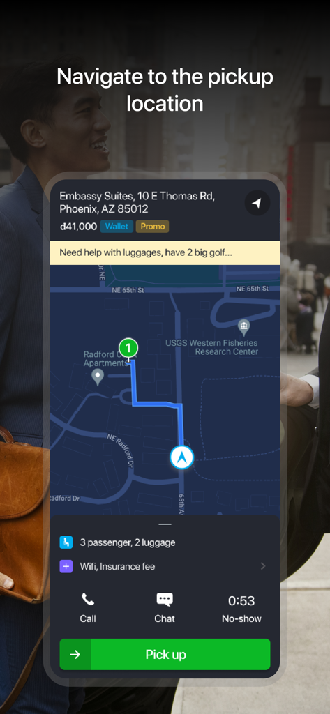 Global Driver - Global Driver app interface showing map navigation to a passenger pickup location