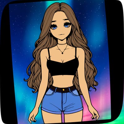 a realistic girl with long hair and in a crop top and shprts