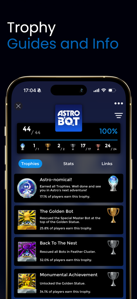 Area X app displaying trophy completion progress and guides for the game Astro Bot