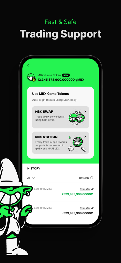 MARBLEX Wallet - MARBLEX Wallet interface showing MBX game token trading support and swap services