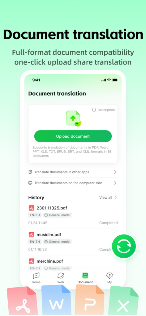 Lingocloud app interface for AI document translation showing file upload and history